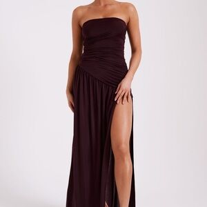 MESHKI Bex Strapless Slinky Maxi Dress with Slit - Burgundy